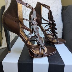 L.A.M.B. Strappy Brown High Heels Sz 10